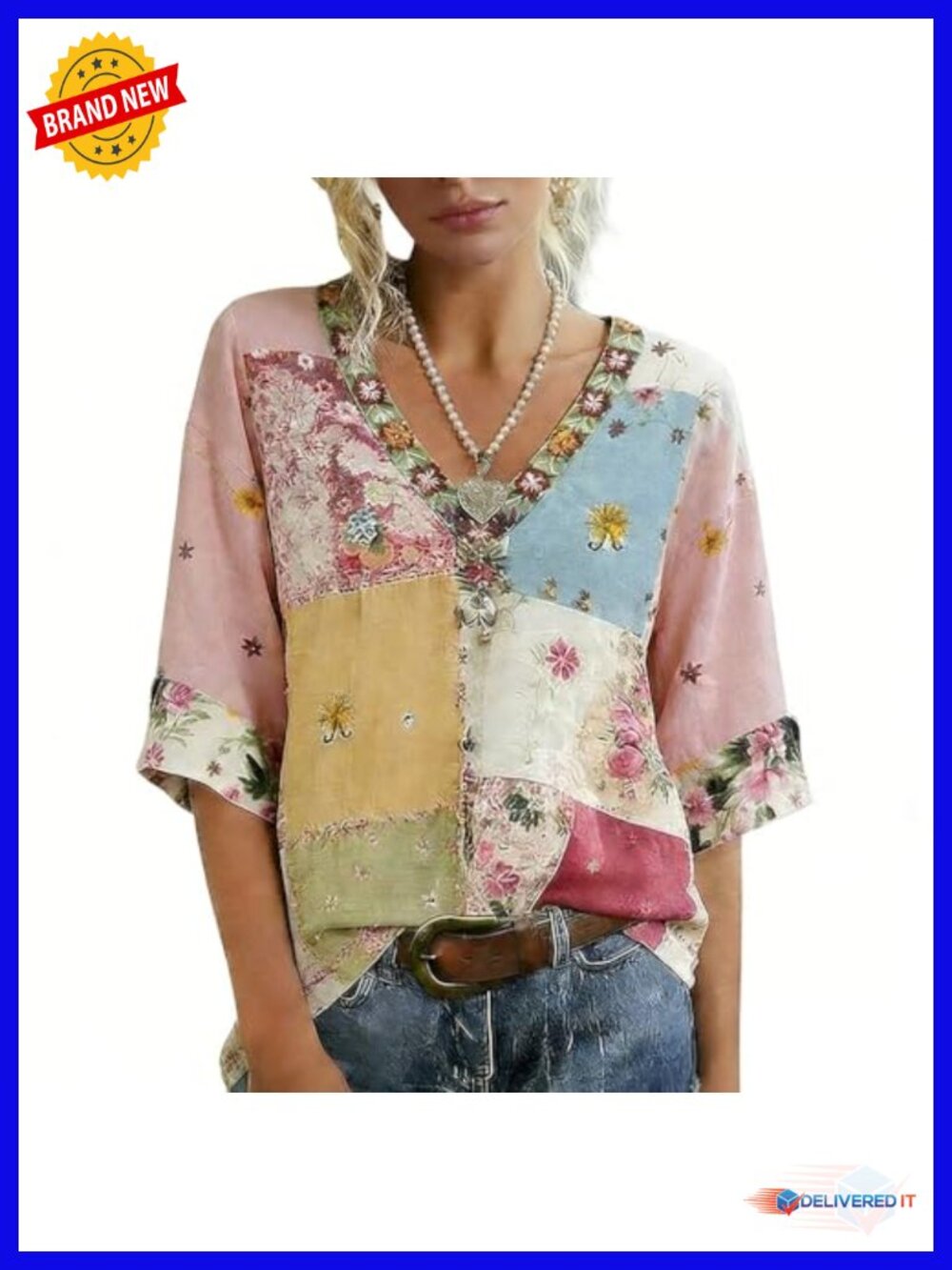 Women's Boho Cotton Blouse Short Sleeve V-Neck Floral Embroidery